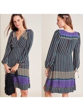 Anthropologie Maeve Gianna Long Sleeve Geometric Wrap V-Neck Dress Green Purple‎